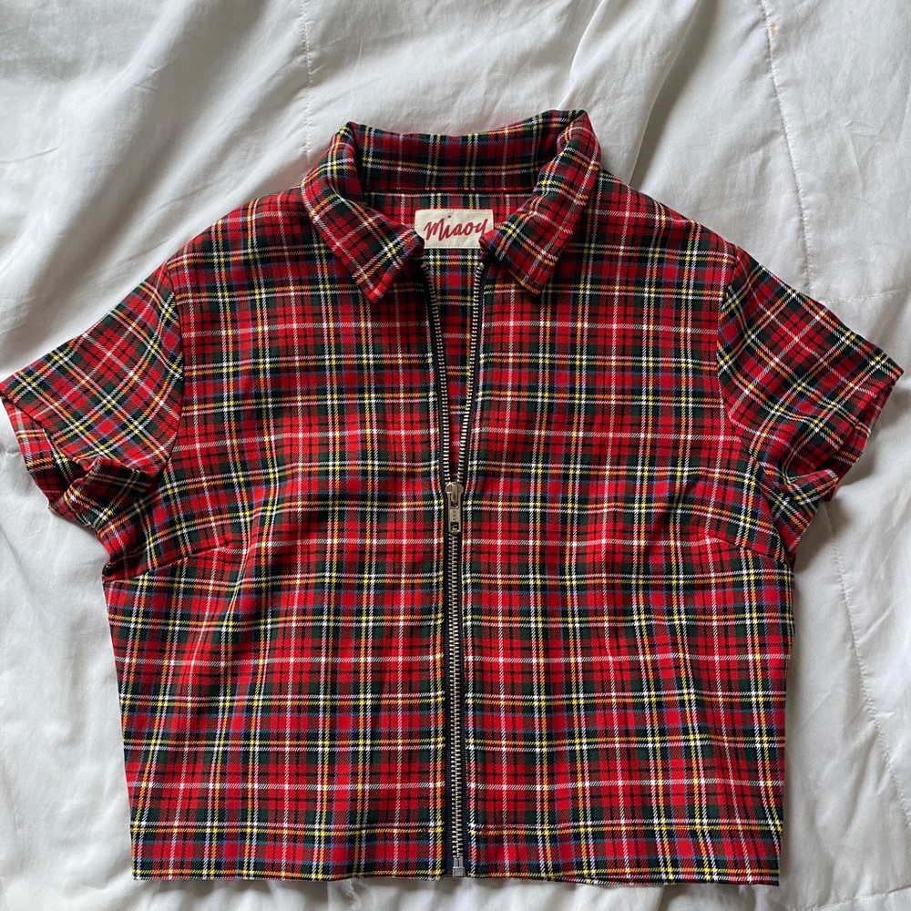 Miaou Raquel Zip Top Red Plaid Tartan Cropped Crop Edgy Punk Zipper Checkered S